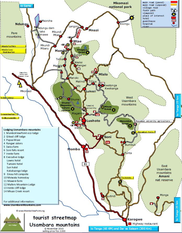 Usambara Mountains: Tourist streetmap